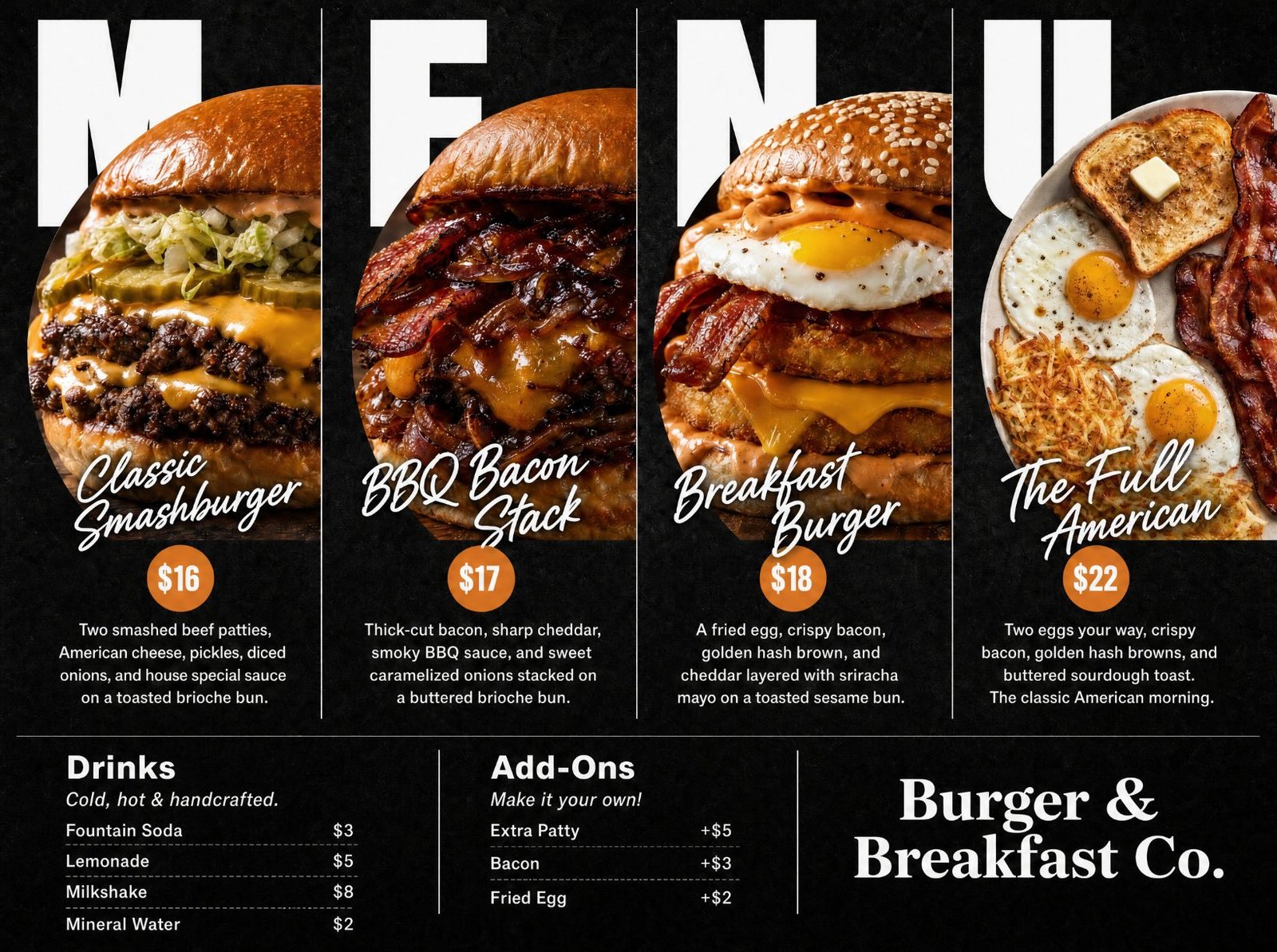 Print-ready menu design for Burger & Breakfast Co.